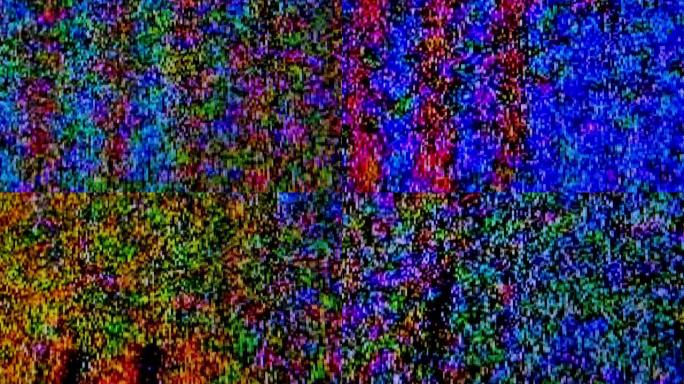 彩色毛刺噪声静态电视。视觉视频效果粒状背景，电视屏幕噪音。宏特写