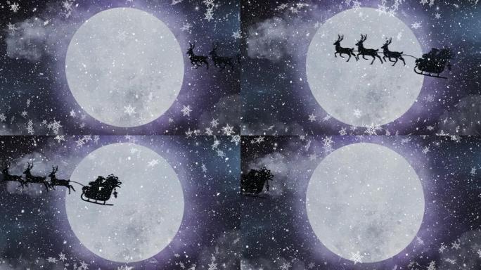 雪片落在雪橇上的圣诞老人的黑色剪影上的数字动画