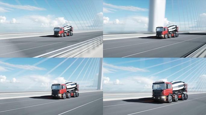 桥梁混凝土搅拌车的3d模型。非常快的驾驶。建筑和运输概念。逼真的4k动画。