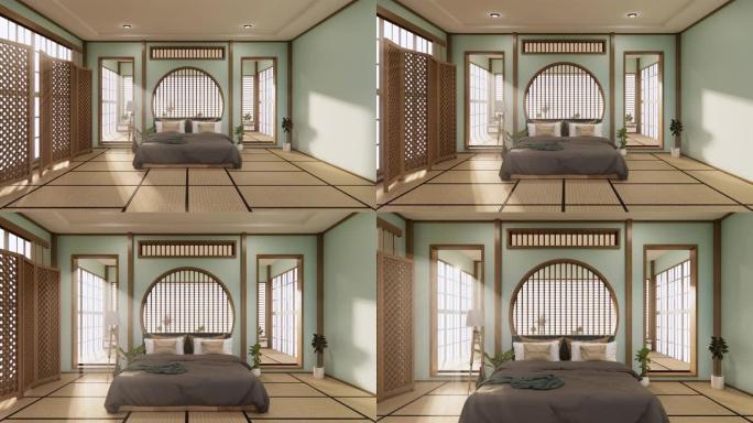 青色薄荷圆形货架墙设计在卧室日本设计与榻榻米垫地板。3D渲染