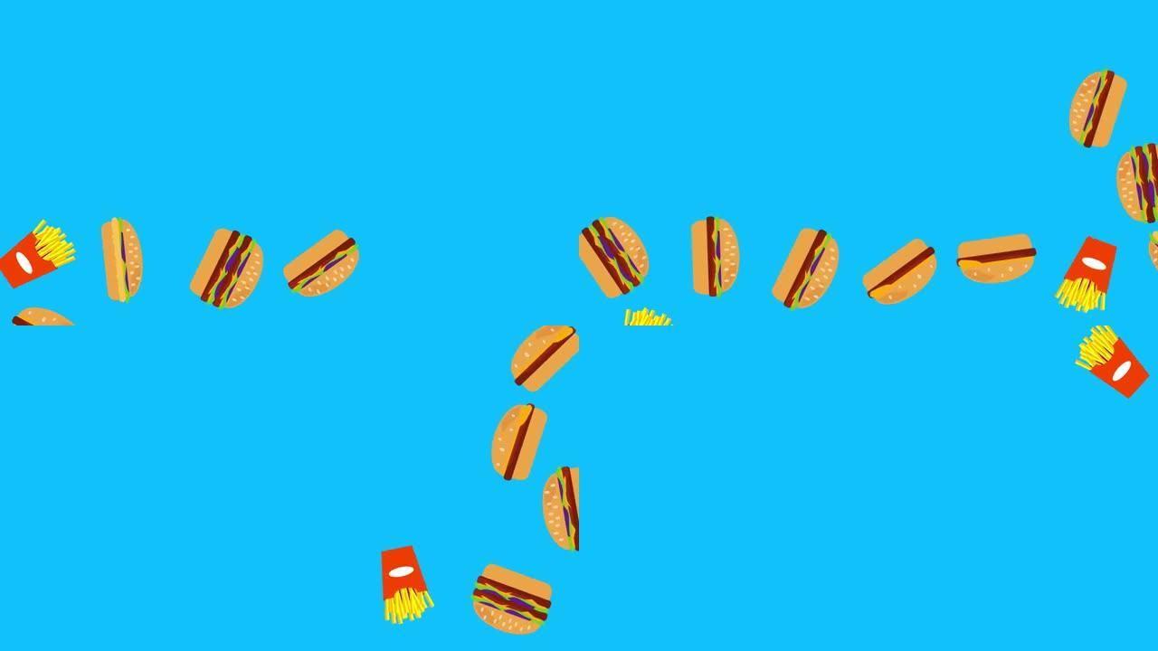 蓝屏色键上的快餐汉堡和土豆动画