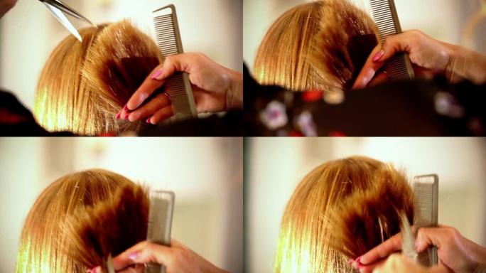 检疫期间的理发: 金发短发上稀疏层的特写