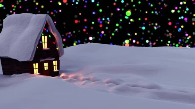 冬季景观中雪覆盖的房屋的数字动画，以彩色斑点移动