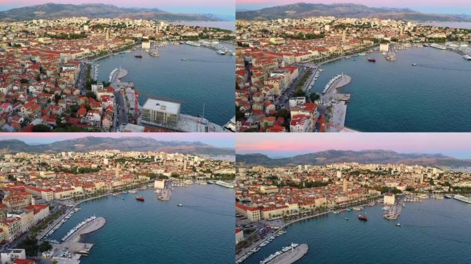 克罗地亚斯普利特亚得里亚海海岸圣杜杰大教堂和斯普利特老城的空中无人机视图钟楼