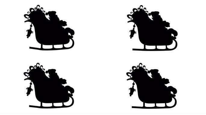白色背景下雪橇圣诞老人黑色剪影的数字动画