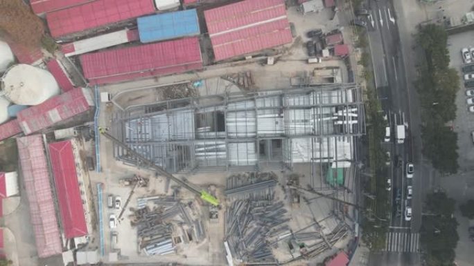 建筑工地俯视图建筑物和地面工人