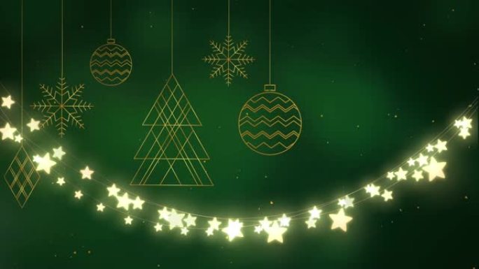 绿色背景上有发光仙女灯的金色小玩意圣诞装饰动画