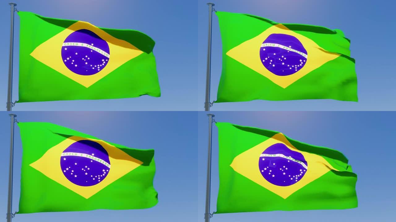 在晴朗的蓝天下，巴西国旗在风中飘扬