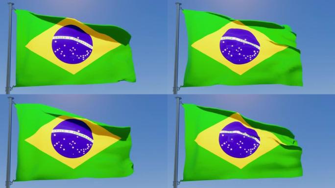 在晴朗的蓝天下，巴西国旗在风中飘扬