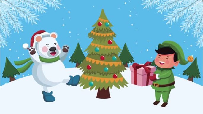 快乐圣诞快乐动画与小精灵和北极熊在松树