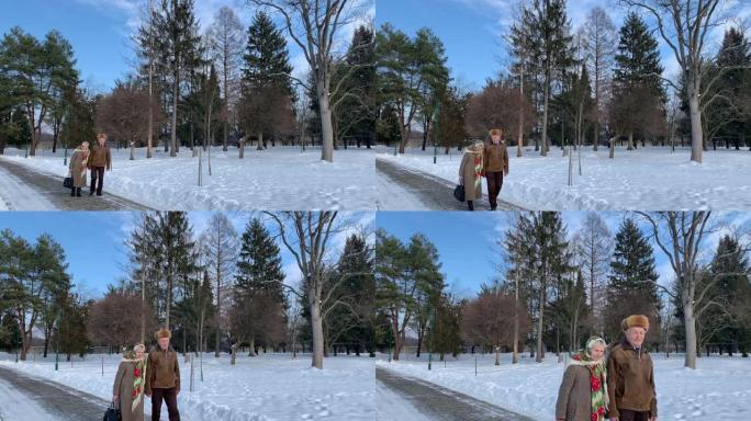 浪漫的高级夫妇在冬天在公园散步。永远的爱