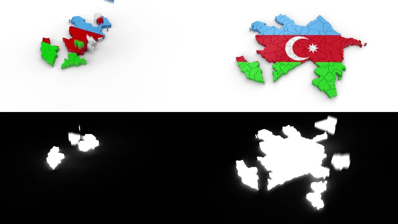 带国旗的阿塞拜疆地图。由各个状态形成，在白色背景上从上到下下降。