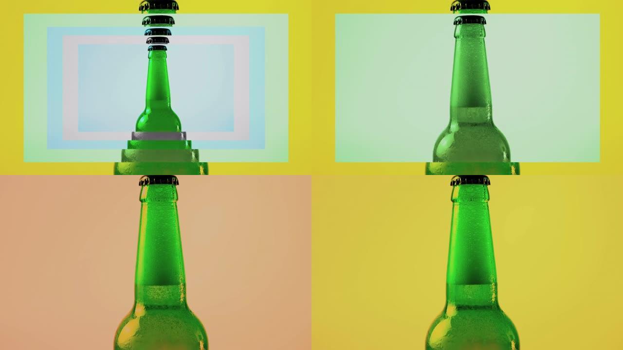 一瓶啤酒，具有明亮的色彩，特写，抽象的啤酒背景，雨中背景的啤酒。