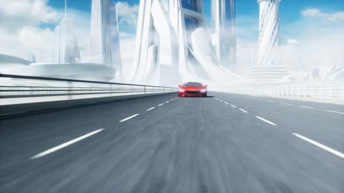 高速公路上未来派红色电动汽车的3d模型。非常快的驾驶。未来概念。逼真的4k动画。