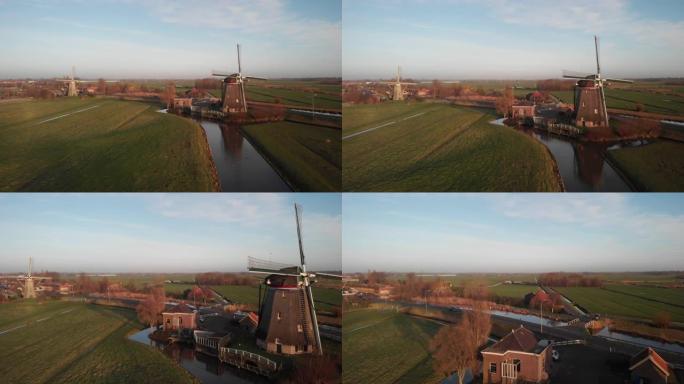 在Leidschendam日出后，连续出现典型的荷兰风车的天线