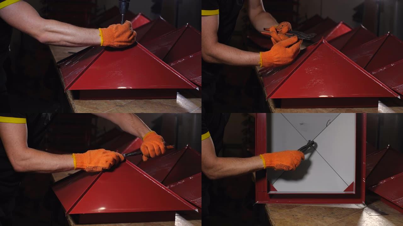 无法辨认的工人的男性手戴着防护手套，为立柱组装锡帽，以防止沉淀。在生产锡制品的车间工作。