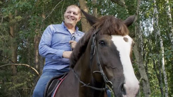 微笑的骑手骑在农场牧场的绿树背景上。快乐的马stableman坐在马背上，而马在夏季森林中行走。