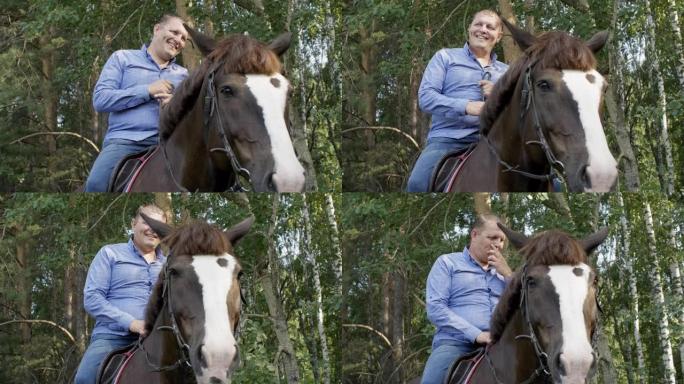 微笑的骑手骑在农场牧场的绿树背景上。快乐的马stableman坐在马背上，而马在夏季森林中行走。