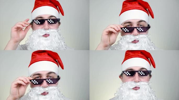 在白色背景上戴着有趣的像素化太阳镜的圣诞老人。流氓，老大，暴徒生活迷因。8位风格。Holly Jol