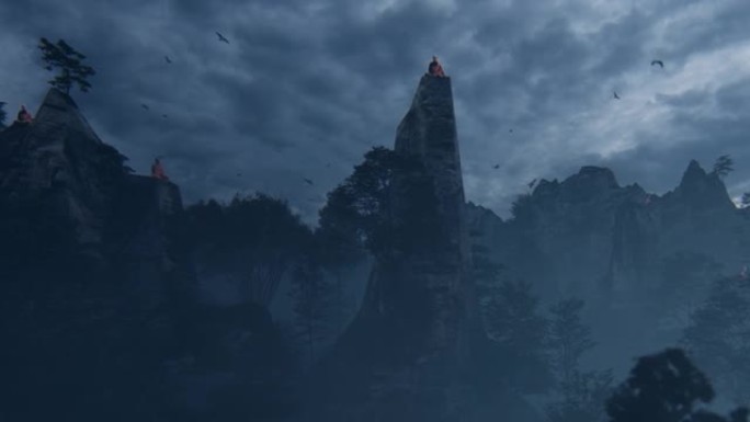 少林和尚在一个被高山和森林包围的悬崖上祈祷，对抗着暴风雨的天空