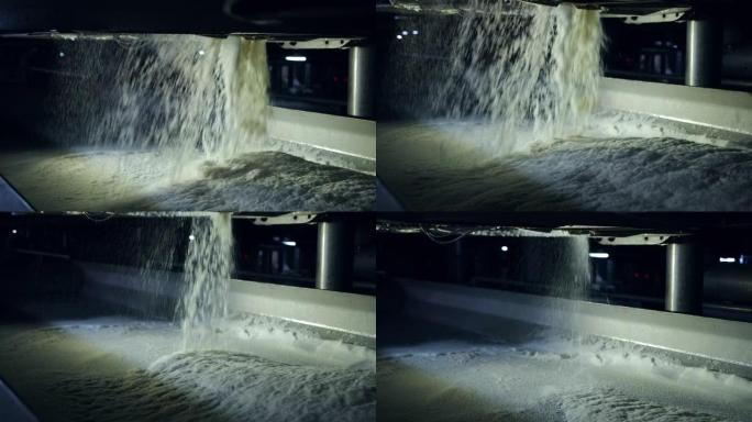 制糖。甜菜植物。白色产品被倒在输送线上。