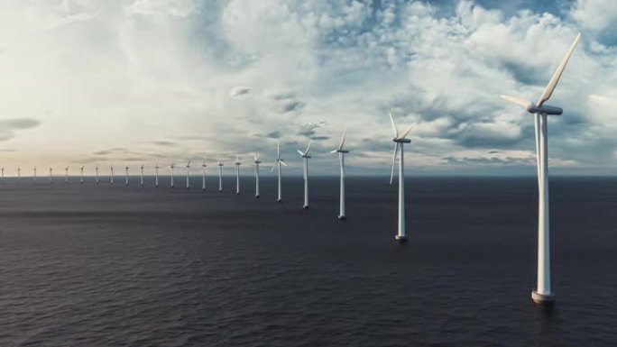 海洋风电场。海洋中的风车农场。