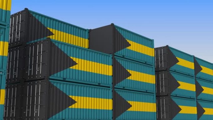 装满巴哈马国旗的集装箱堆场。巴哈马导出或导入相关可循环3D动画