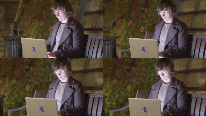 时髦人士晚上在公园的笔记本电脑上打字