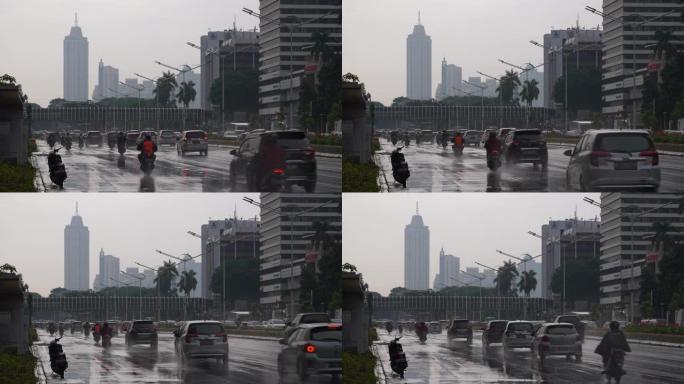 雨天雅加达市市中心交通街慢动作全景4k印度尼西亚
