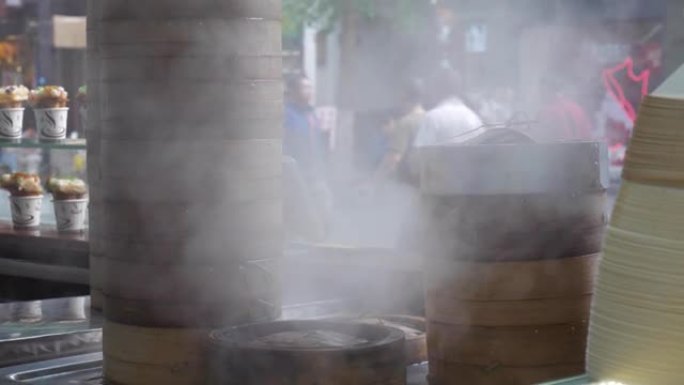 南京老城区街咖啡厅蒸汽食品慢动作全景4k中国