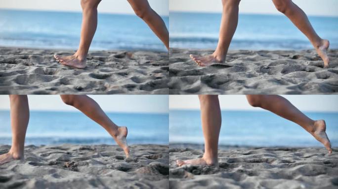 光脚女人的腿在沙滩上跑步，花时间在海边附近。4k Dragon RED摄像机