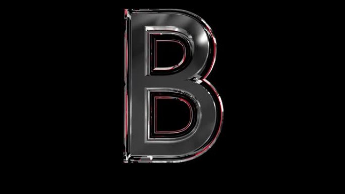 实心玻璃字体或字母红色轮廓和移动反射，用于在珠宝或宝石概念视频中构图的单词-字母B隔离在黑色背景上，