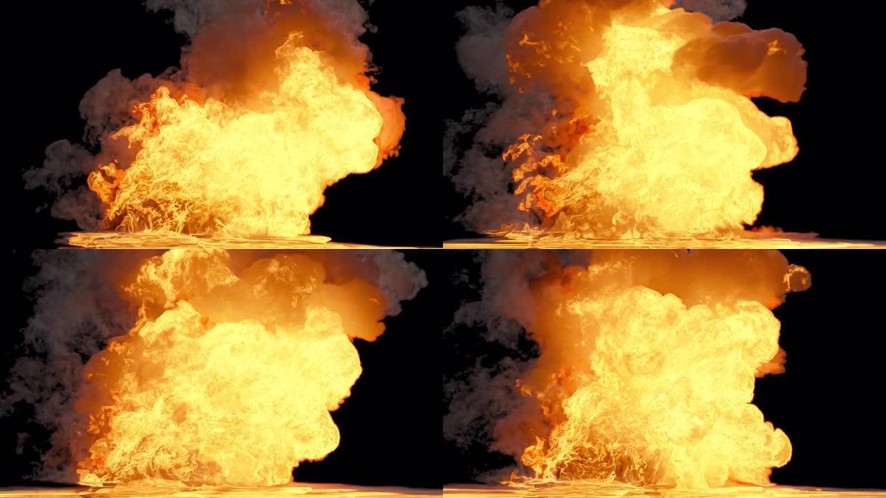 浓烟燃烧燃料的烈火。火灾爆炸与阿尔法的现实过渡。在阿尔法通道的孤立背景上冒烟，燃料爆炸。