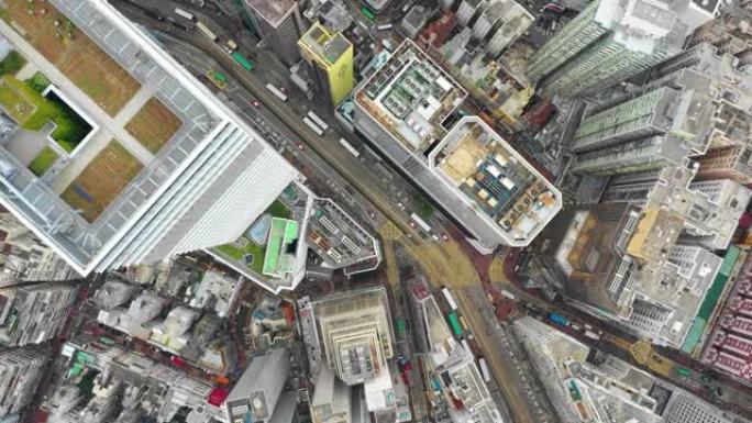香港4k日间城市市中心交通街道空中俯冲全景