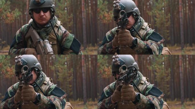 一名身穿战术军装、头戴钢盔、手持狙击步枪、在树林中通过望远镜瞄准敌人的大胡子士兵