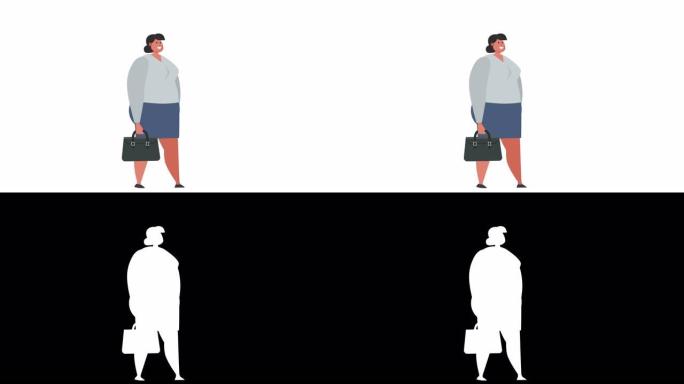 孤立卡通扁平胖女人角色行走周期与公文包循环动画与Luma哑光