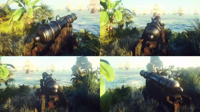 中世纪的大炮已经准备好与舰队作战。在一个阳光明媚的早晨，一门大炮在一个岛上的绿草中间。