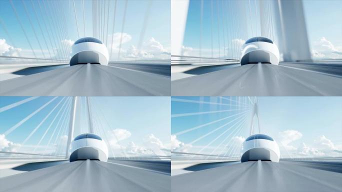 桥上未来派旅客列车的3d模型。非常快的驾驶。未来概念。逼真的4k动画。