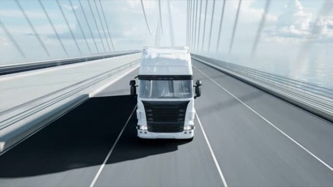 桥上白色卡车的3d模型。4k动画。
