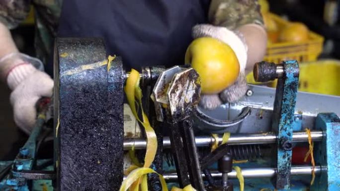 一名女工正在使用削皮机削柿子，以制作柿子干腌渍食品。