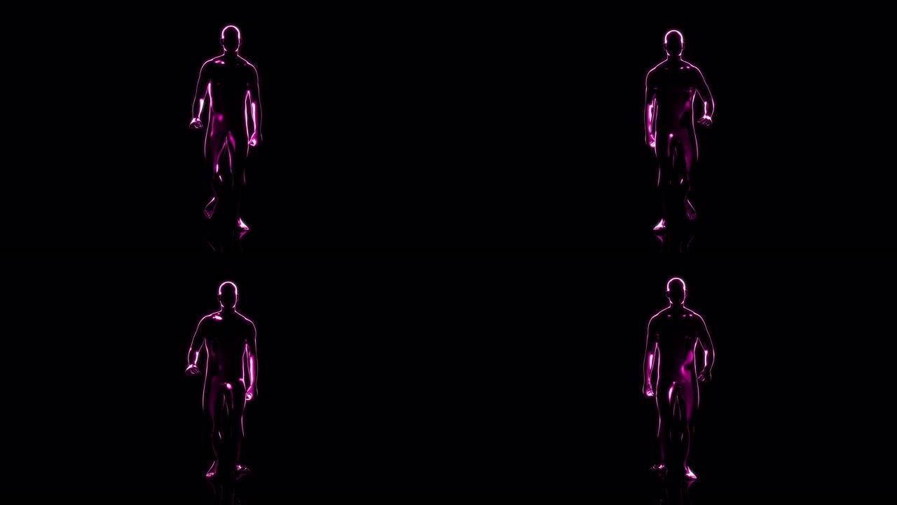 黑色背景上3D抽象数字行走人的前视图