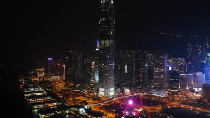 夜间照明香港市中心著名的百万美元空中全景4k