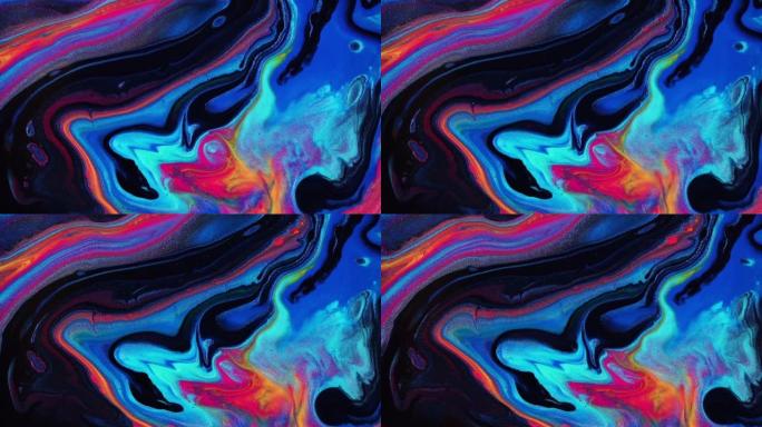 流动的艺术绘画素材，时尚的丙烯酸纹理和流动的效果。液体油漆混合背景与飞溅和漩涡。带有蓝色，黑色和粉红