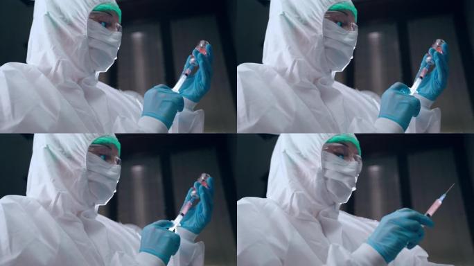 在科学研究实验室中进行艰难的化学实验，防护工作服中的生物物理学家使用红色危险溶液，从小瓶中填充注射器