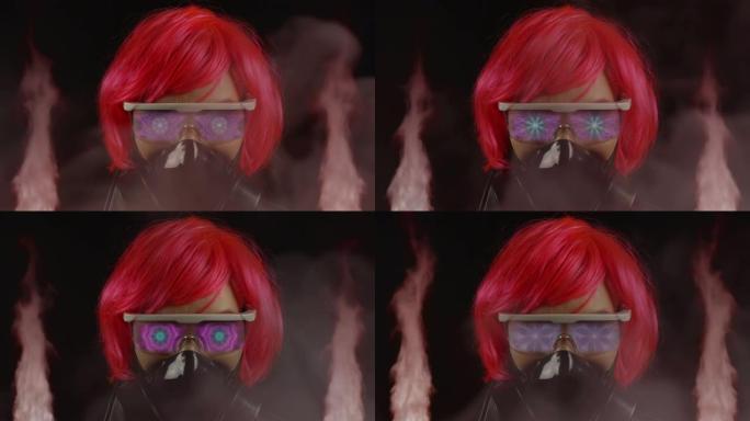带有化学面具和保护眼镜的赛博朋克风格女孩的特写肖像。后世界末日主题。带有火焰流的有毒烟雾。