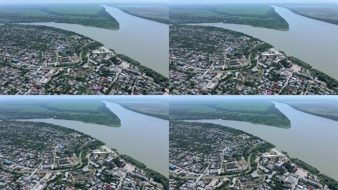 背景上的维尔科沃市 (乌克兰威尼斯，建在水上的城市) 的鸟瞰图是Ankudinov岛。(4K-60f