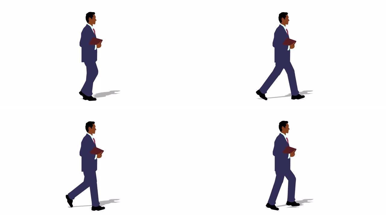 行走黑人商人卡通动画。循环动画 (4k视频)。