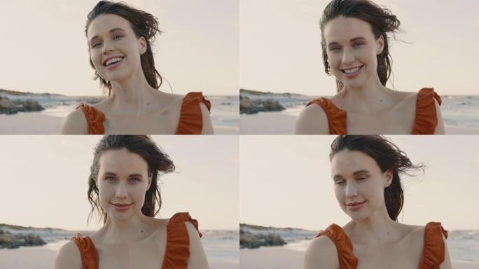 迷人的女人在海滩上微笑