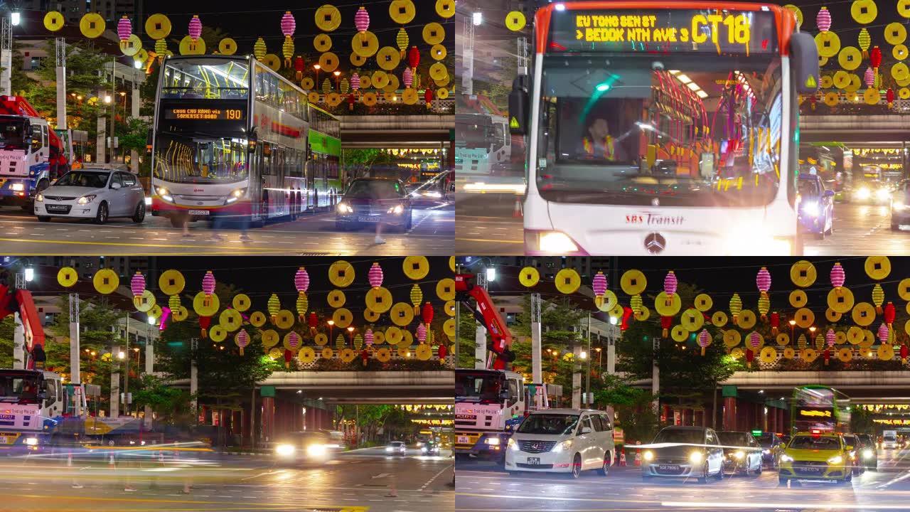 夜间照明新加坡市中心交通装饰街道全景延时4k