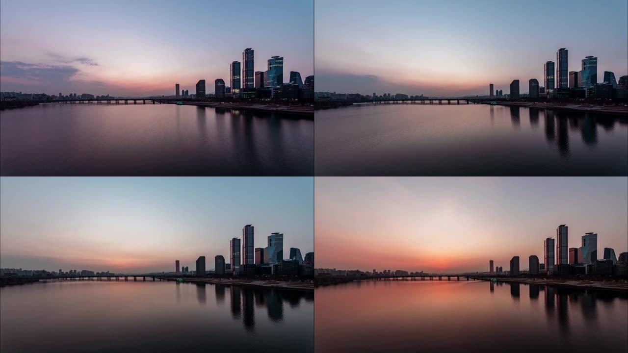 韩国汉江美丽的日出镜头，首尔城市天际线